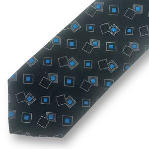 Robert Talbott‎ Estate Handsewn 100% Silk Necktie Black Blue Retro Square Print